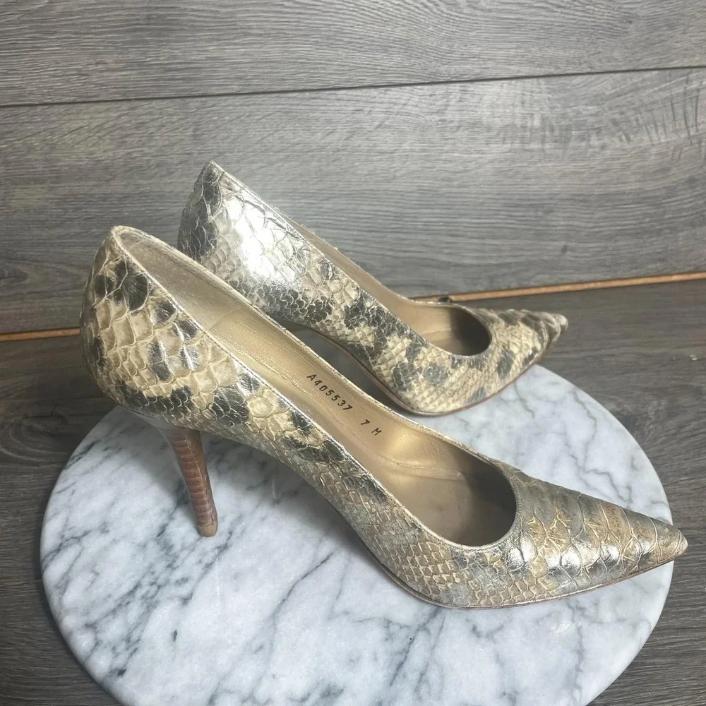 Stuart Weitzman Heels Womens 7 M Beige Snakeskin Stilettos Pointed Toe Leather - Picture 6 of 10